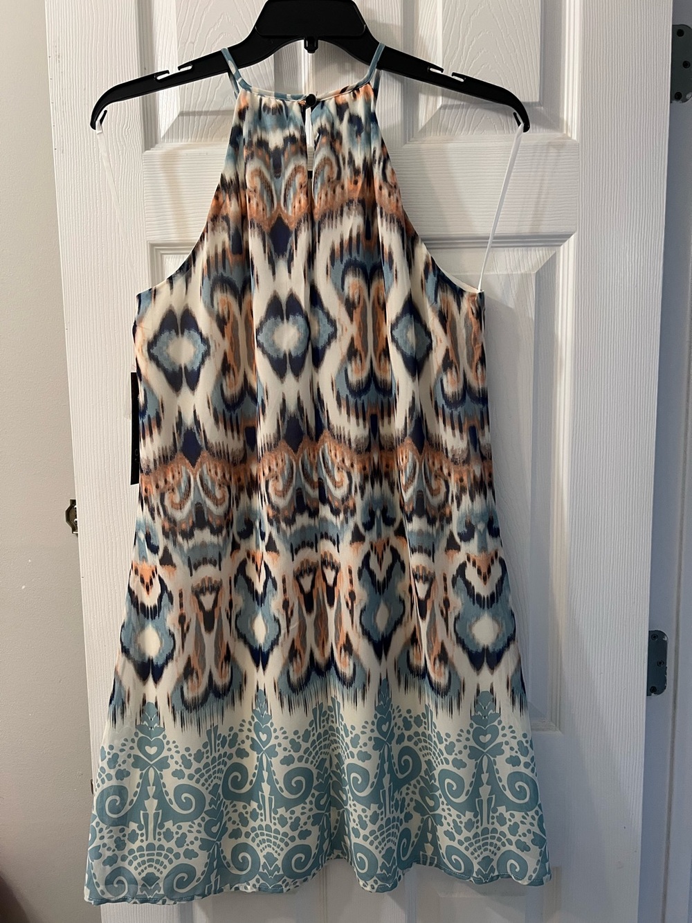Luxology Halter Mini Dress in Blue, Tan and Cream Ikat Print